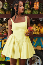 Square Neck Sleeveless Bow Back Pleated Volume Skater Mini Dress