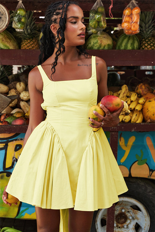 Square Neck Sleeveless Bow Back Pleated Volume Skater Mini Dress