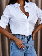 Simple Long-sleeved V-neck Button-down Shirt