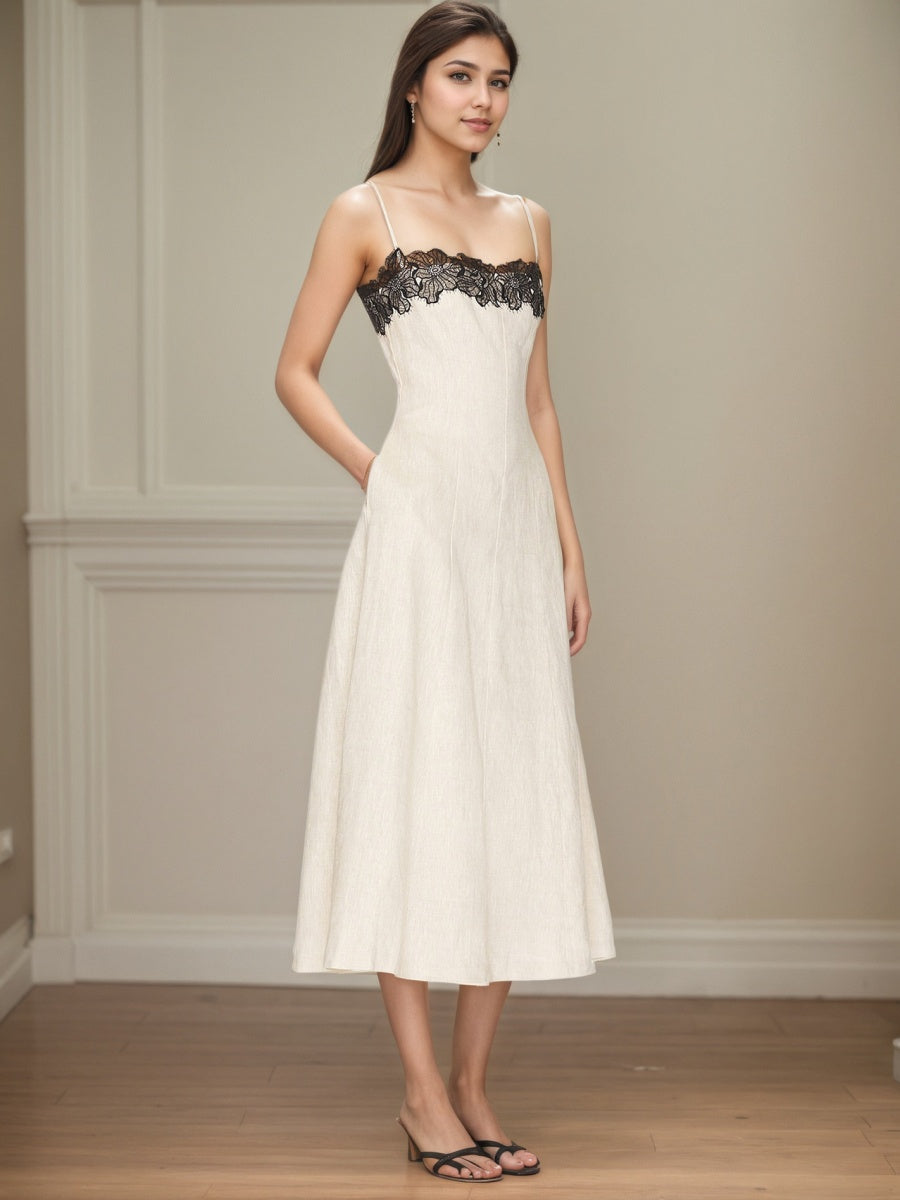 Lace Stitching Grace Temperament White Maxi Dresses