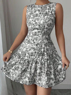 Bohemian Style French Elegance Floral Print Sleeveless Belted Short Dress
