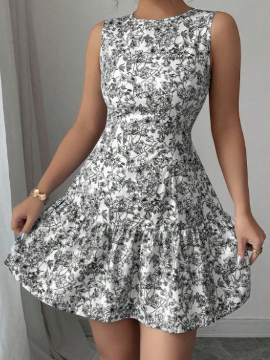 Bohemian Style French Elegance Floral Print Sleeveless Belted Short Dress