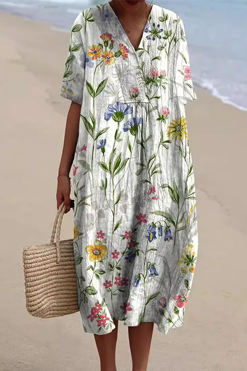 V Neck Short Sleeves Floral Print Loose Midi Vacation Dress