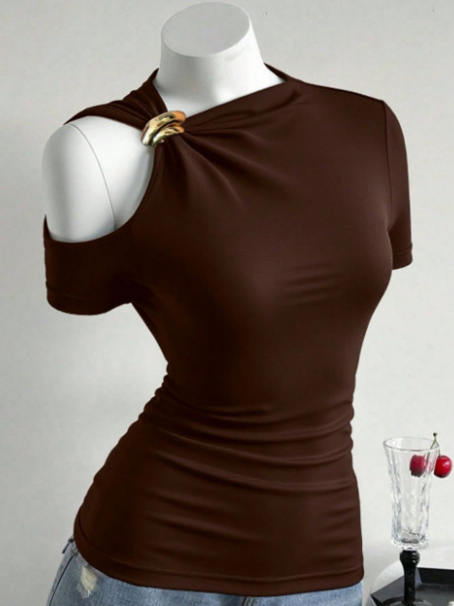 Asymmetrical Neckline, One-shoulder, Metallic Embellishment, Slim-fitting T-shirt