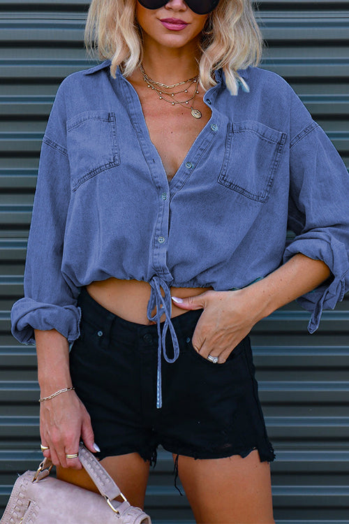 Long Sleeves Drawstring Hem Cropped Denim Shirt