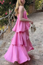 Adjustable Strap Ruffle Layered Satin Maxi Dress