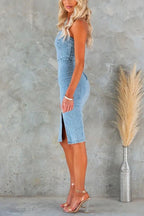 Strapless Waisted Slit Knee Length Bodycon Denim Dress