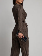 Zebra Print V-neck Long Sleeve Wide-leg Pants Jumpsuits