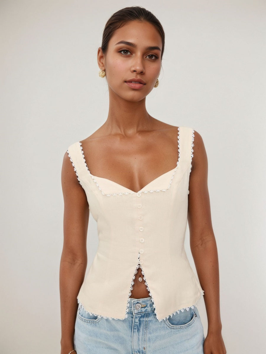 Retro Cotton And Linen Lace Patchwork Button Tank Tops