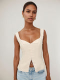 Retro Cotton And Linen Lace Patchwork Button Tank Tops
