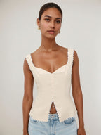 Retro Cotton And Linen Lace Patchwork Button Tank Tops