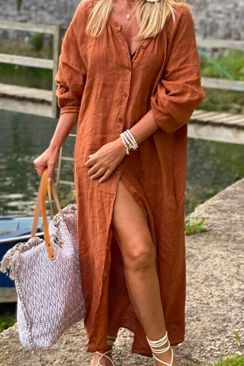 Oversized Button Up Cotton Linen Maxi Shirt Dress