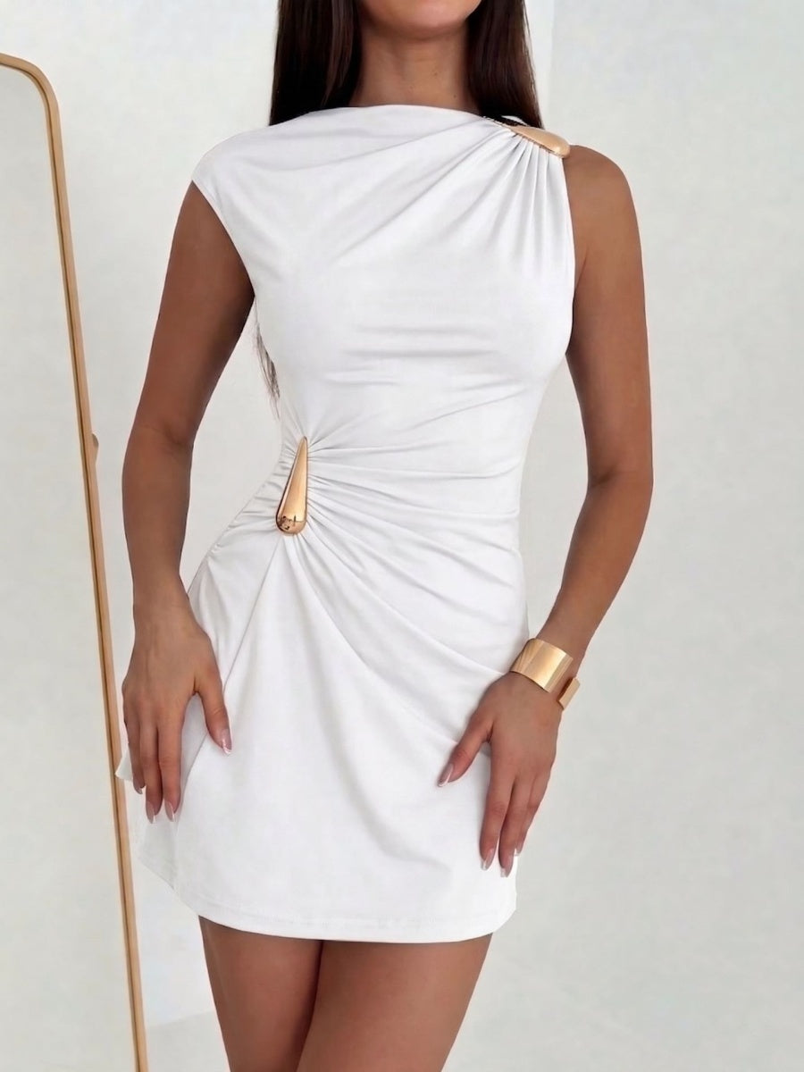 Metal Buckle Pleated Slim-fit Hip-hugging Mini&Short Dresses