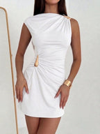 Metal Buckle Pleated Slim-fit Hip-hugging Mini&Short Dresses