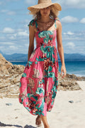 Floral Print Smocked Tie Shoulder Tiered Ruffle Maxi Dress