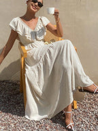 Lace-trimmed Loose-fitting V-neck Apricot Long Dress