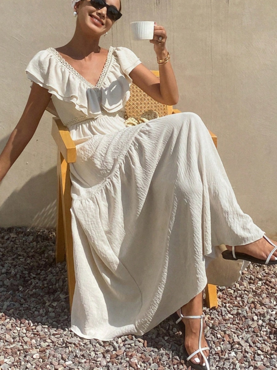 Lace-trimmed Loose-fitting V-neck Apricot Long Dress