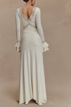 Lace Trim Deep V-Neck Criss Cross Bodice Ruffle Cuff Draped Panel Maxi Gown