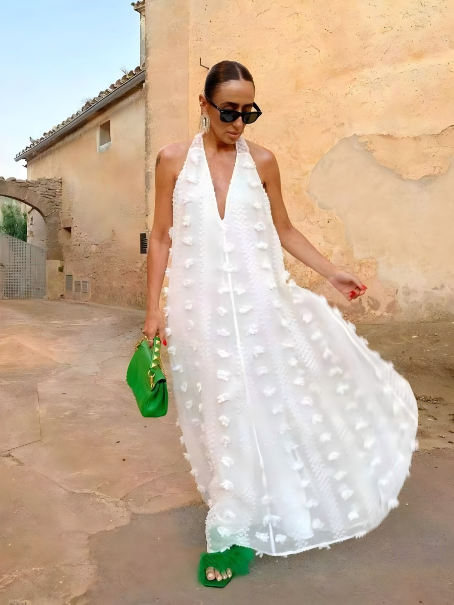 Halter-neck V-neck Long Dress With Flowing Ribbons
