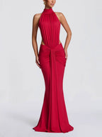 Turtleneck Gathering Hollow Backless Temperament Banquet Maxi Dresses