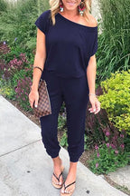 Solid Cold Shoulder Short Sleeves Elastic Waist Loungewear Jumpsuit