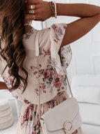 Ruffled Short-sleeved V-neck Floral Print Mini Dress