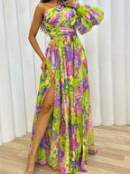 Floral Print Mesh Off-shoulder Maxi Dresses