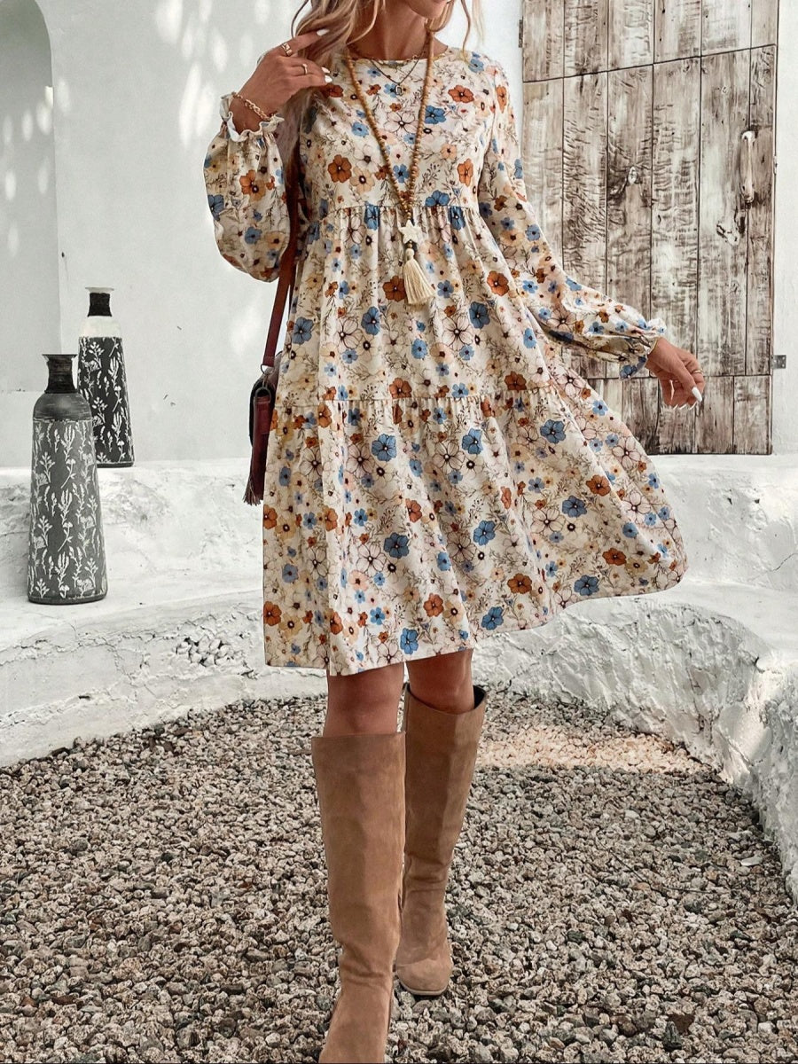 Floral Puff Sleeve Tie-waist Short Dress