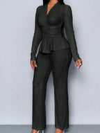 Long-sleeved, Irregular Hem, Fitted Top And Slimming Solid Color Trousers Two-piece Set