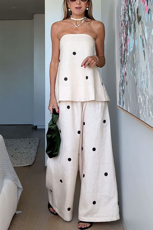 Polka Dot Strapless Top and Wide Leg Palazzo Pants Set