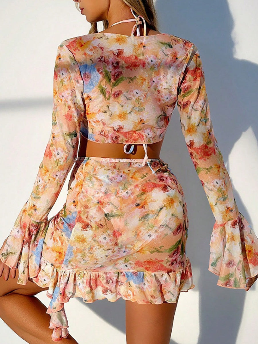 Floral Print Ruffled Bikini Four-Piece Set