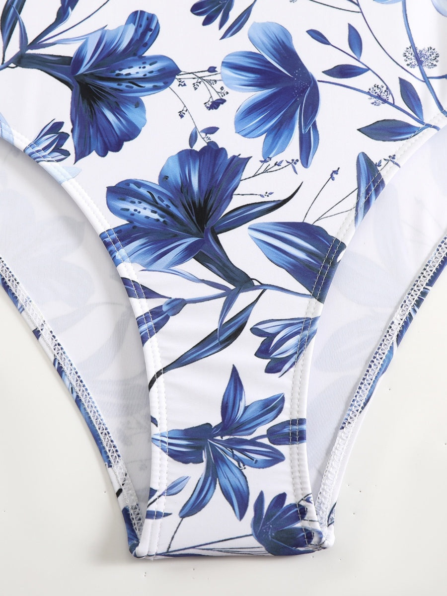 Blue And White Porcelain Print One-piece Slimming And Figure-flattering Long Swimsuit And Sun Protection Dress Two-piece Set