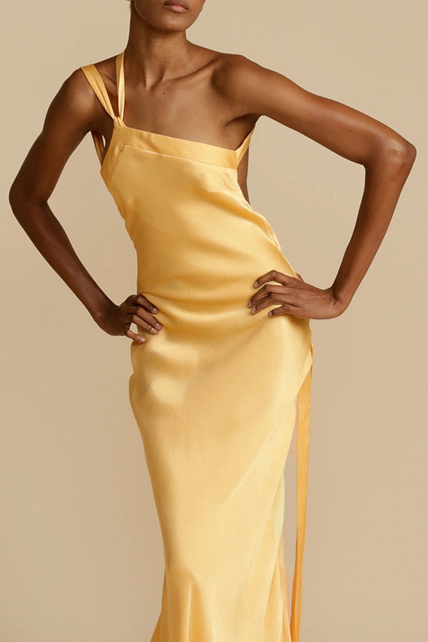 Zippered Single Shoulder Satin Maxi Dresses
