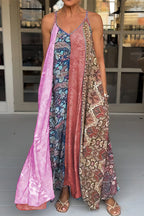 V Neck Color Block Printed Swing Maxi Cami Vacation Dress