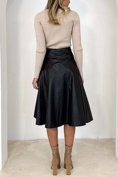 High Waist Faux Leather A-line Flare Midi Skirt