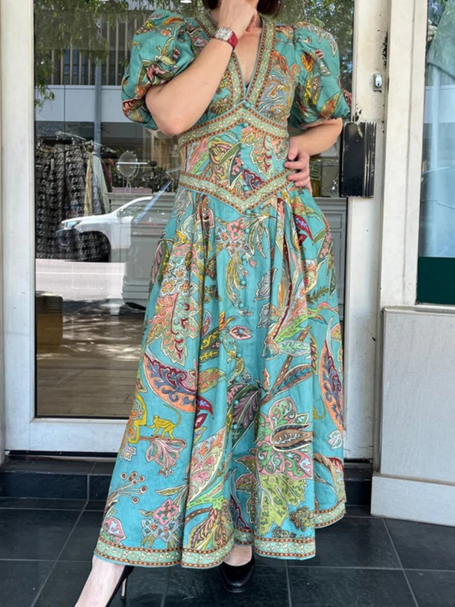 Printed Balloon Sleeve V-neck Temperament Waist Maxi Dresses