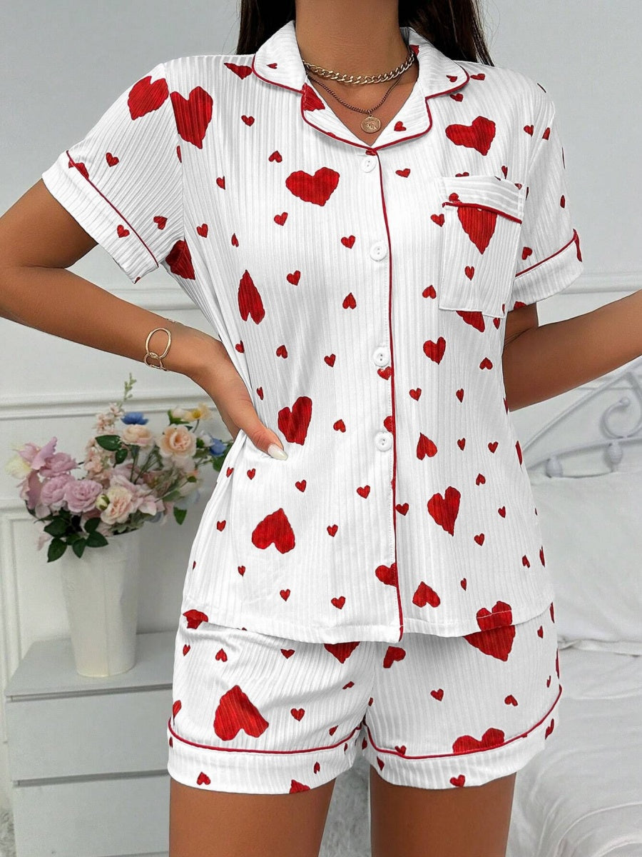 Heart-print Cardigan With Collar And Button-down Short Sleeves And Shorts, Two-piece Loungewear Set