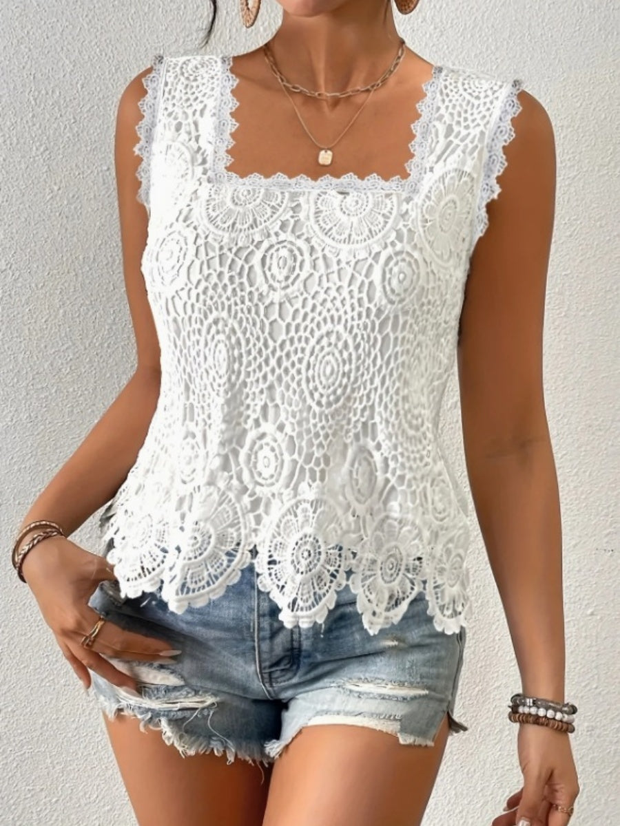 Square Neck Heavy-duty Crochet Openwork Flower Tank Top