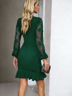 Lace-trimmed Puff Sleeves Ruffled Cross Hem Midi Dresses