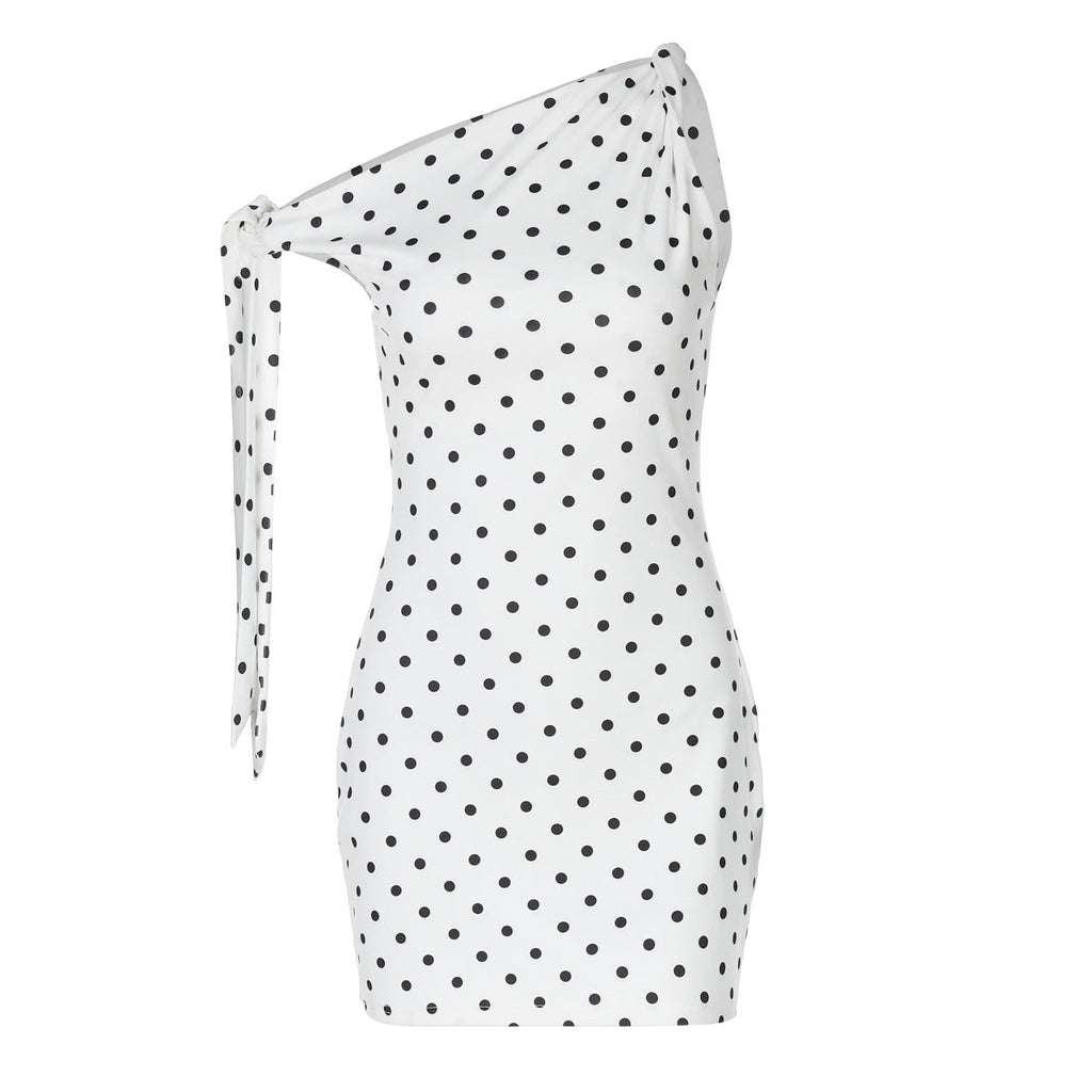 Polka Dot One Shoulder Tie Strap Ruched Bodycon Mini Dress