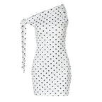 Polka Dot One Shoulder Tie Strap Ruched Bodycon Mini Dress