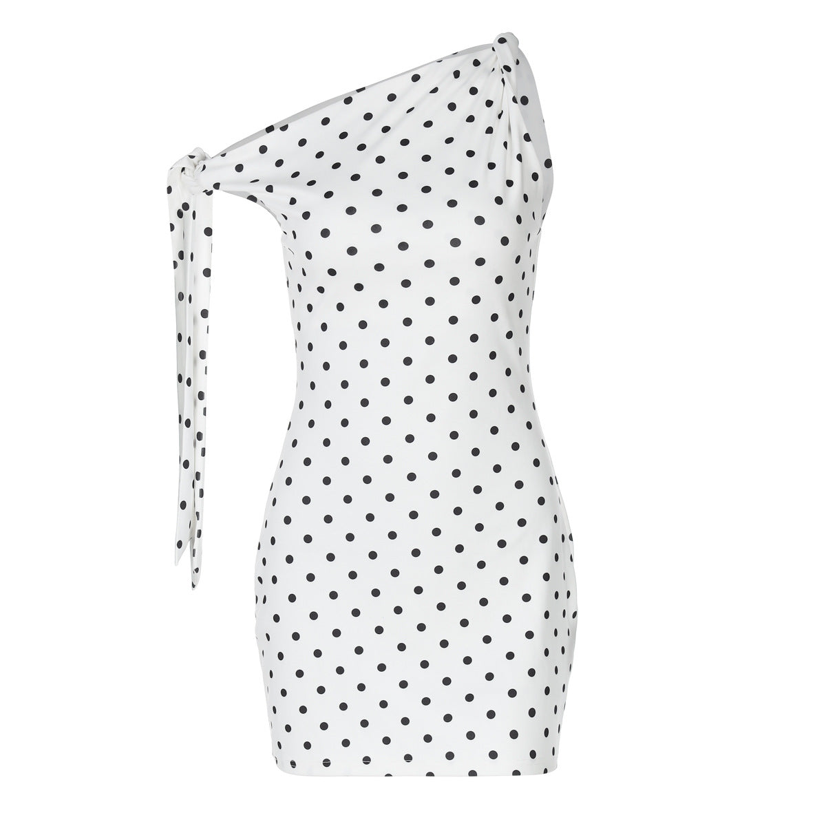 Polka Dot One Shoulder Tie Strap Ruched Bodycon Mini Dress
