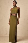 Daisy green beaded-trim top & skirt matching set