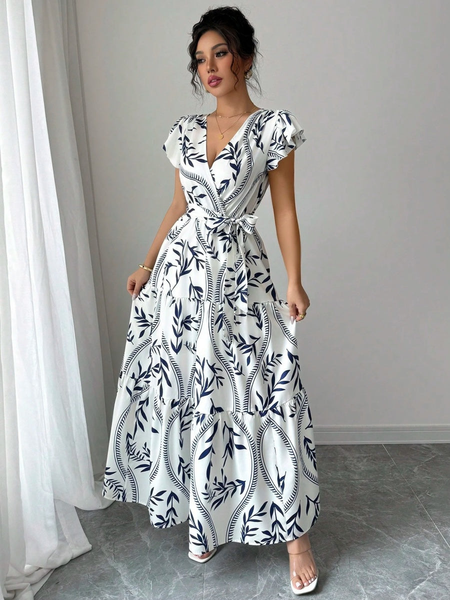 Ruffle Leaf Print V-neck Sexy Slim-fit Long Dress
