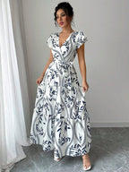 Ruffle Leaf Print V-neck Sexy Slim-fit Long Dress