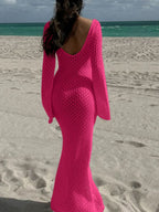 V-neck Round Button Long-sleeved Vacation Maxi Dress/beach Wear