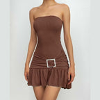 Ribbed buckle ruched ruffle solid backless tube mini dress
