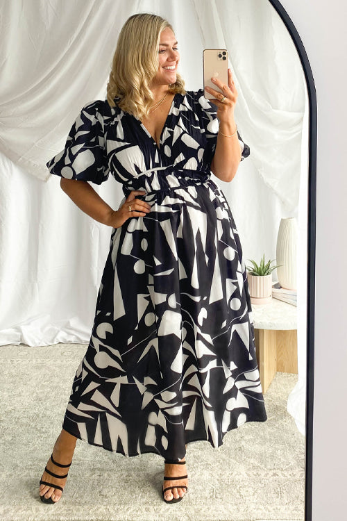 Abstract Geometric Print Deep V-Neck Puff Sleeve Cinched Waist Maxi Dress
