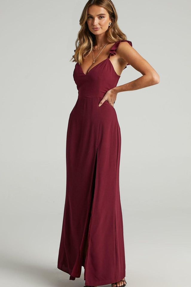 Deep V-Neck Ruffle Strap Thigh Slit Floor Length Maxi Dress