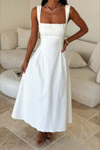 Square Neck Gathered Bust Wide Strap Pleated Pocket Midi Dress